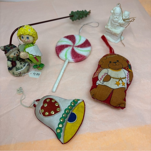 Other - 5 pc Vintage Mixed Christmas Ornament Lot - Candy, Bear, Bell